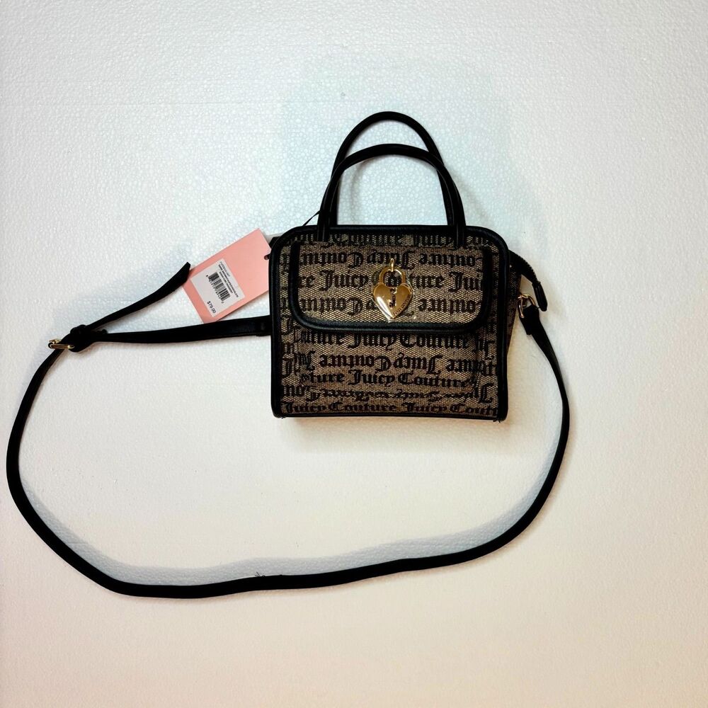 Juicy Couture NWT Y2K Brown Tan Crossbody Monogram Logo Purse Gold Heart Lock